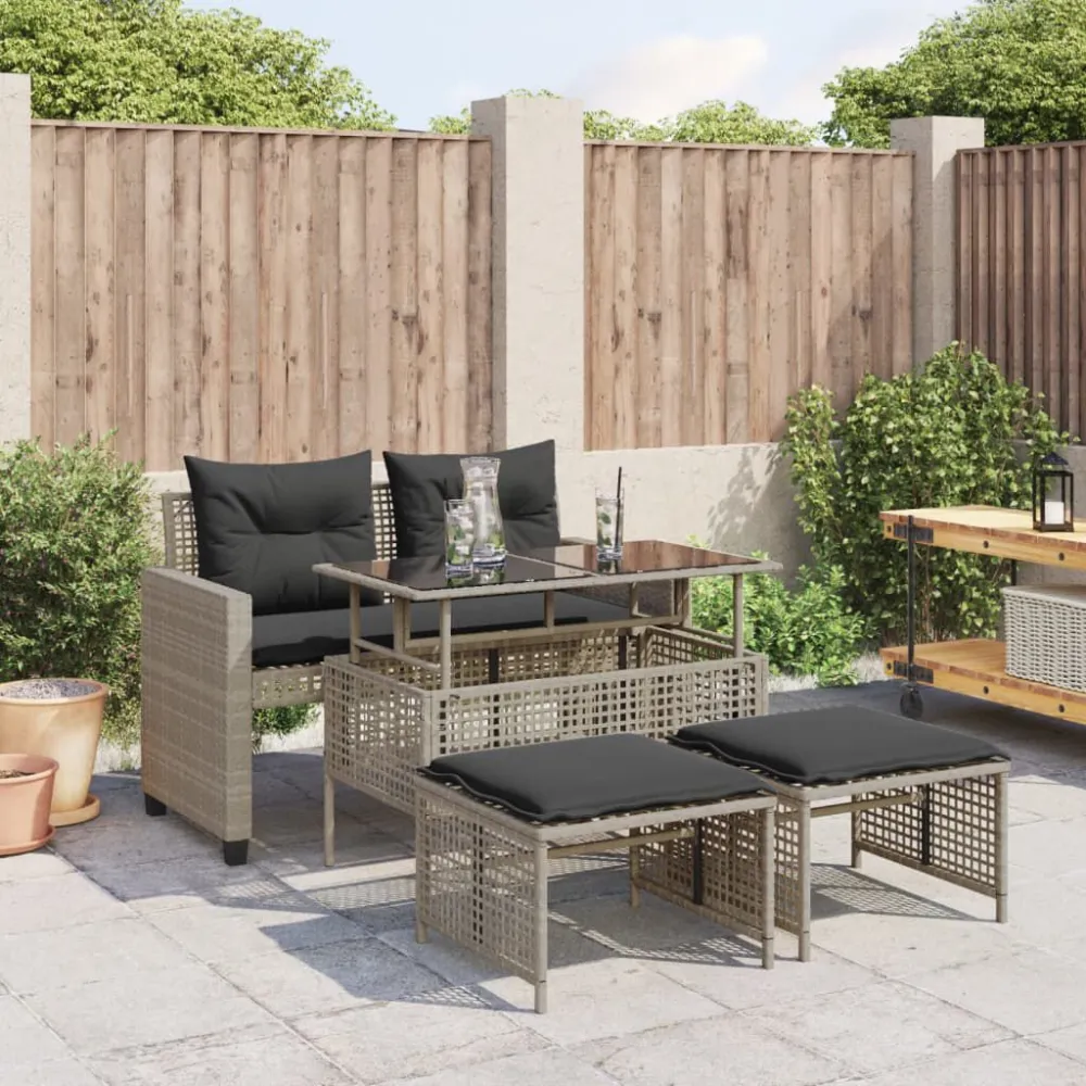 Divano da Giardino 4pz Cuscini Grigio Limpido Polyrattan e Vetro