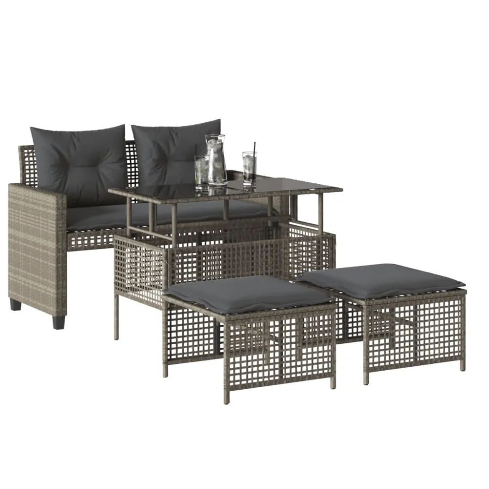 Divano da Giardino 4pz Cuscini Grigio Limpido Polyrattan e Vetro