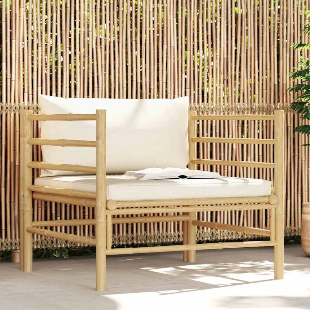 Divano da Giardino con Cuscini Bianco Crema Bambù