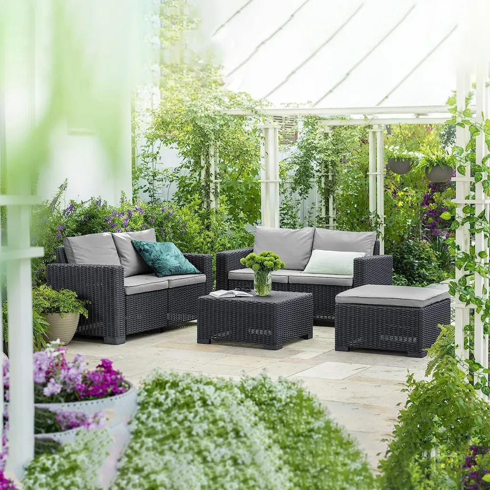 Divano 2 posti resina "California" effetto rattan con cuscini cm 141x68 72h