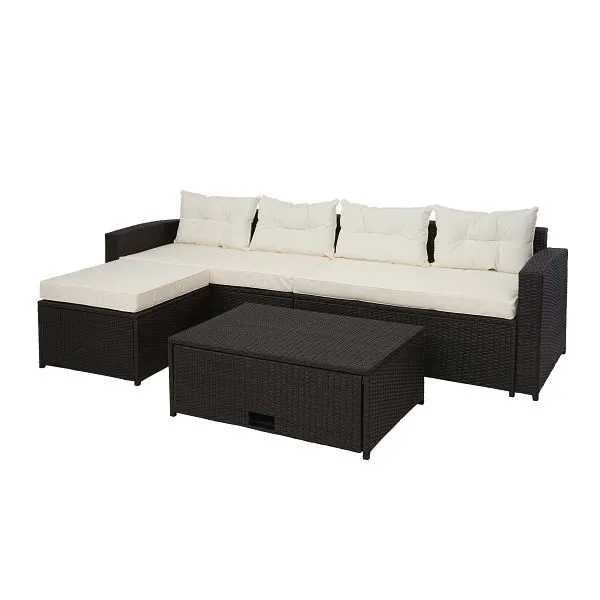 Mendler set polyrattan HWC-J34 set balcone/giardino/salotto divano vano portaoggetti marrone cuscini crema-beige 77081+770...