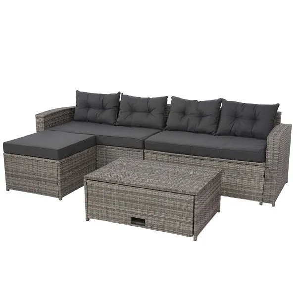 Mendler set polyrattan HWC-J34 set balcone/giardino/salotto divano vano portaoggetti grigio cuscini grigio tenebroso 77087...