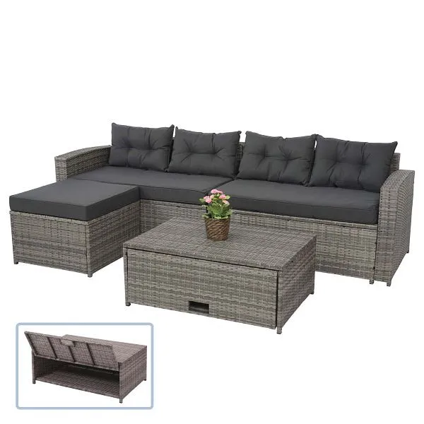 Mendler set polyrattan HWC-J34 set balcone/giardino/salotto divano vano portaoggetti grigio cuscini grigio tenebroso 77087...