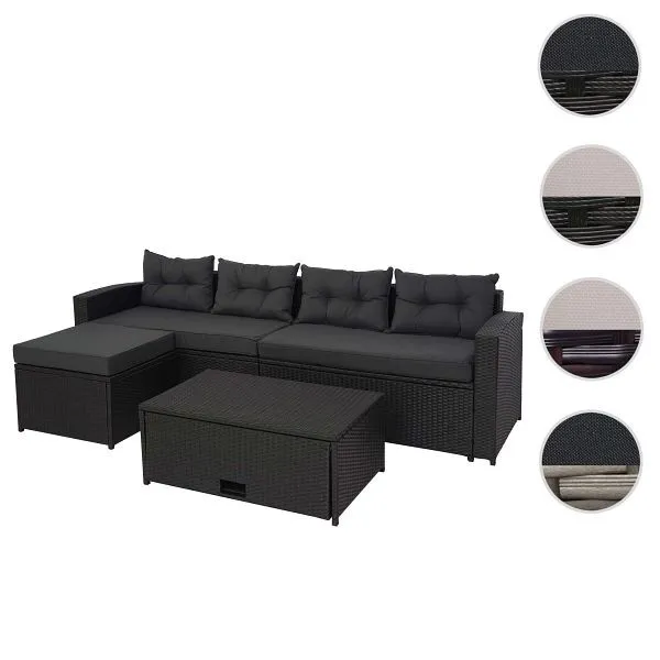 Mendler set polyrattan HWC-J34 set balcone/giardino/salotto divano vano portaoggetti nero cuscini grigio ombroso 77078+770...