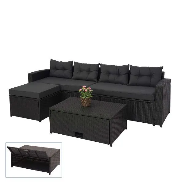 Mendler set polyrattan HWC-J34 set balcone/giardino/salotto divano vano portaoggetti nero cuscini grigio ombroso 77078+770...