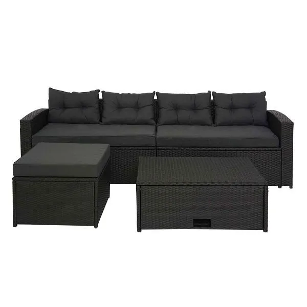Mendler set polyrattan HWC-J34 set balcone/giardino/salotto divano vano portaoggetti nero cuscini grigio ombroso 77078+770...