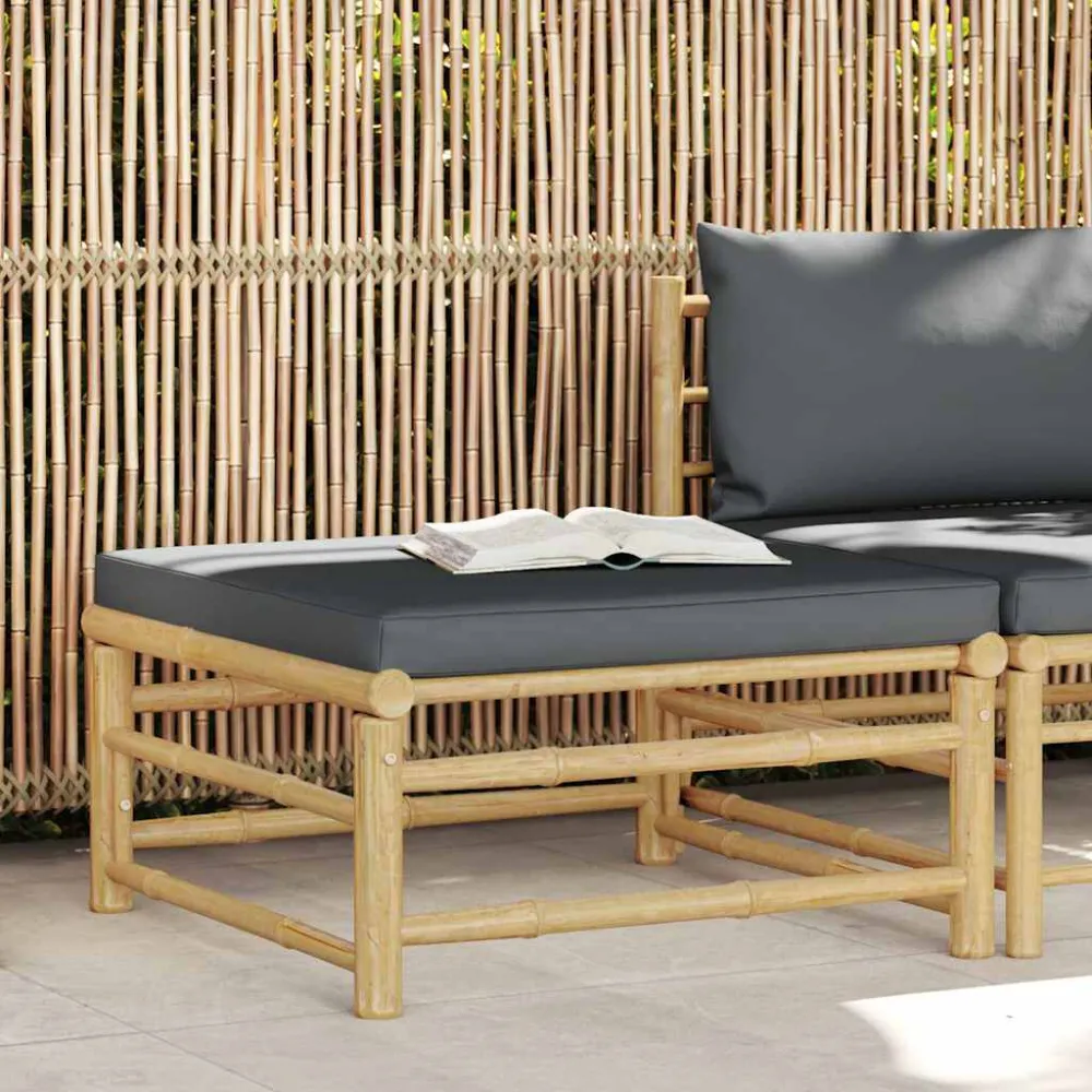 Poggiapiedi da Giardino con Cuscini Grigio Nero Bambù