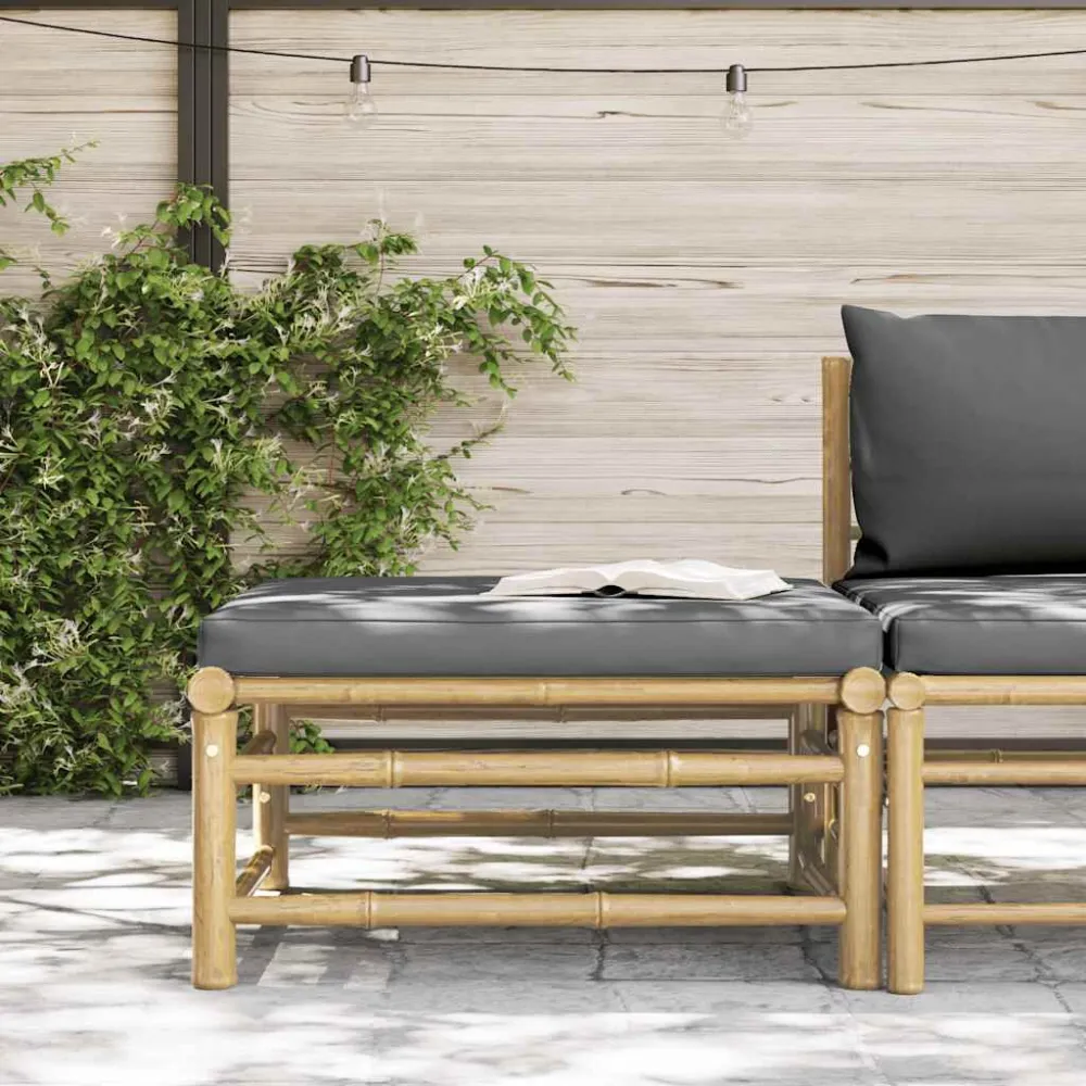 Poggiapiedi da Giardino con Cuscini Grigio Nero Bambù