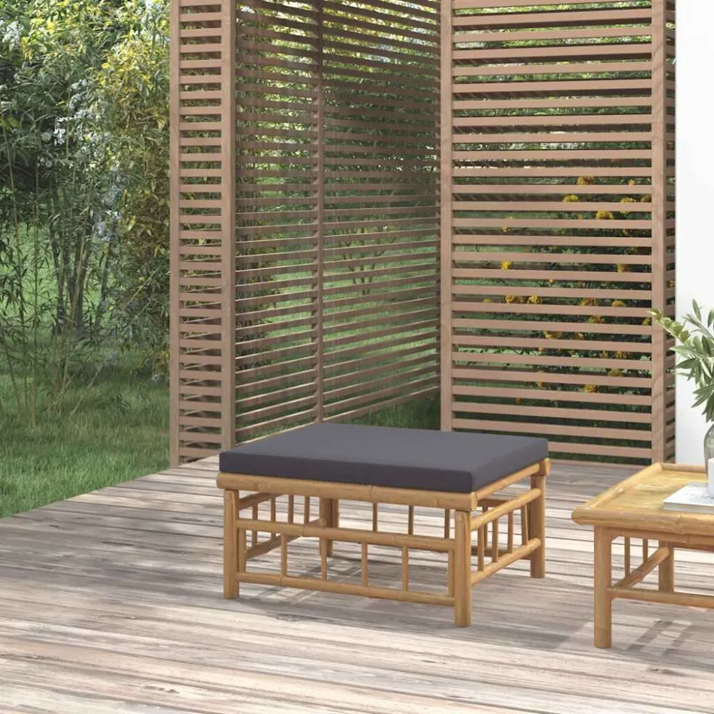 Poggiapiedi da Giardino con Cuscino Grigio Nero Bambù