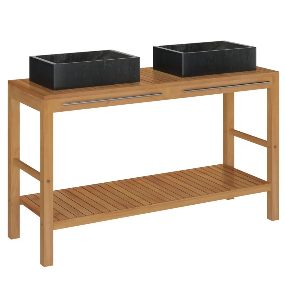 Armadietto da Bagno Legno di Teak con Lavabi Marmo Nero