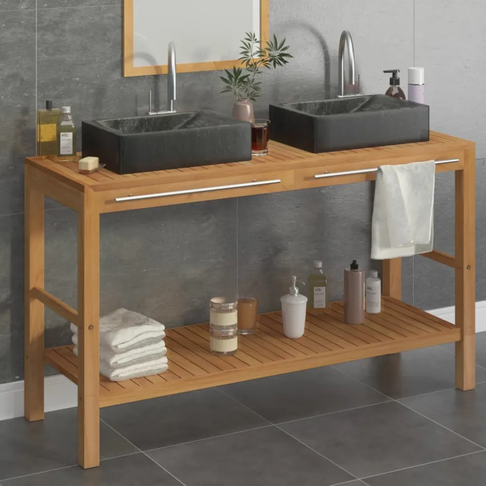 Armadietto da Bagno Legno di Teak con Lavabi Marmo Nero
