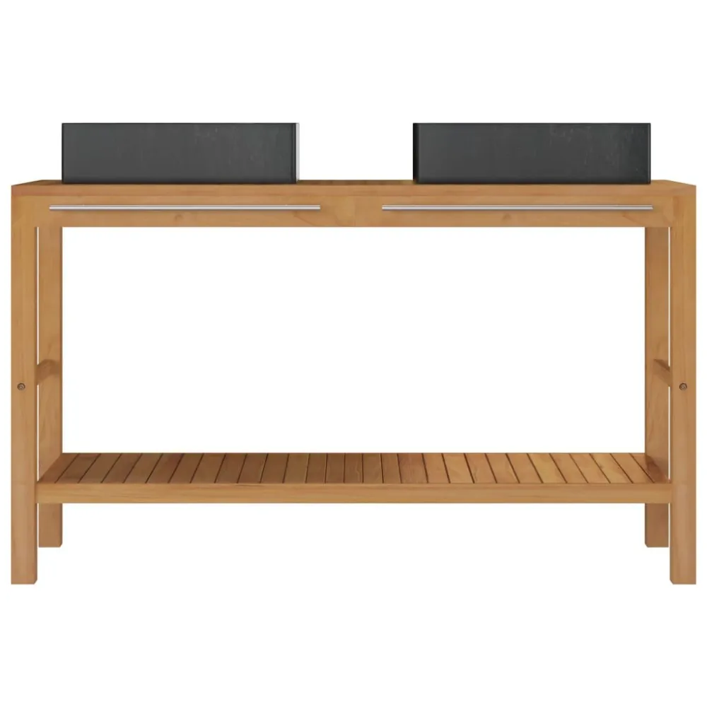 Armadietto da Bagno Legno di Teak con Lavabi Marmo Nero