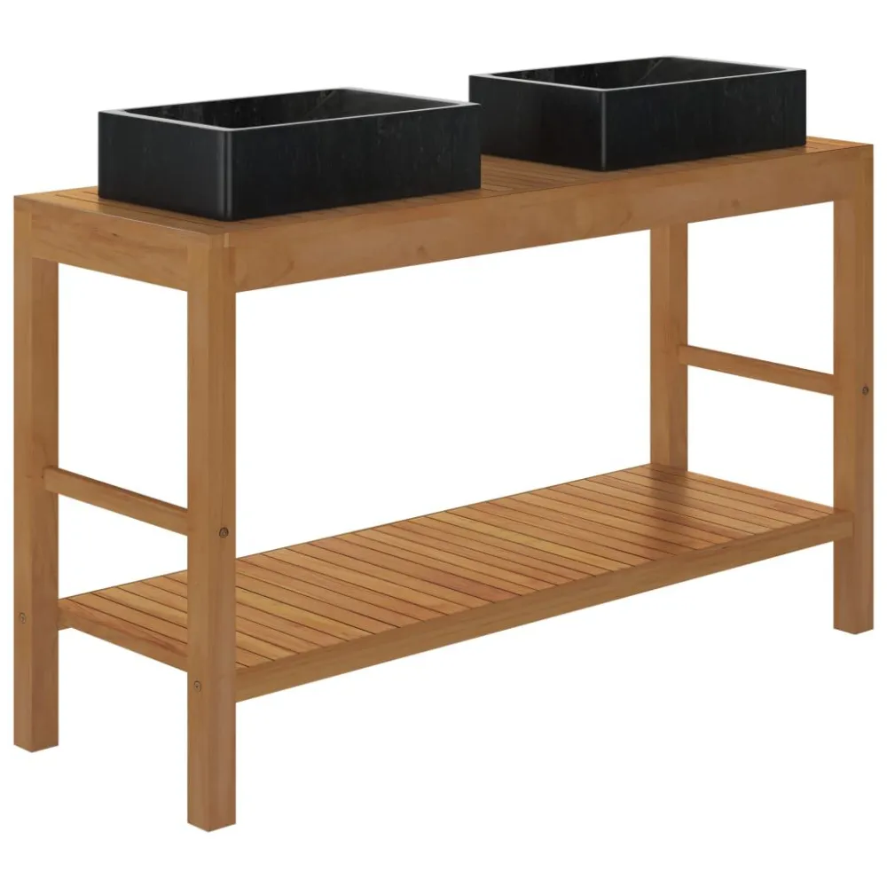Armadietto da Bagno Legno di Teak con Lavabi Marmo Nero