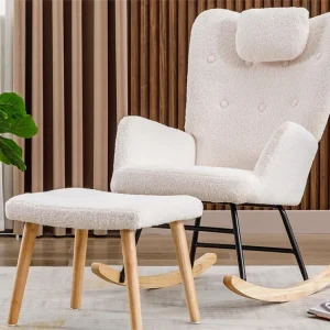 Sedia dondolo - poltrona relax per soggiorno - imbottita peluche Teddy - con poggiatesta e poggiapiedi - base legno - colo...