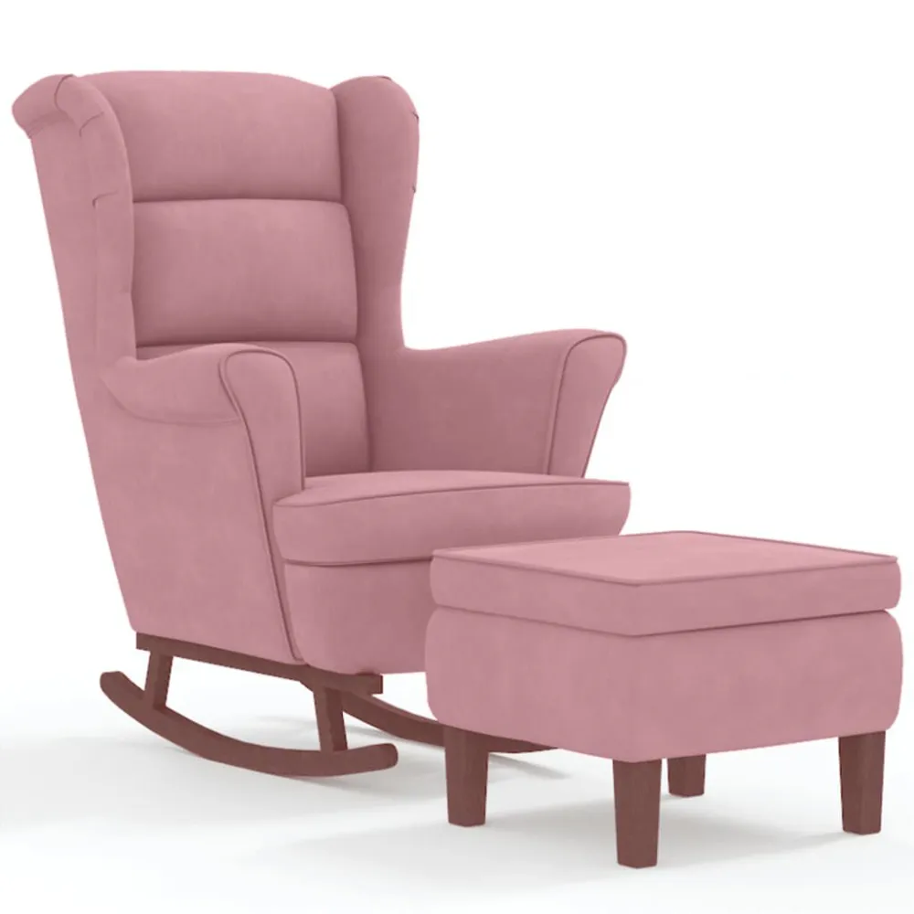 Poltrona Dondolo con Gambe Legno e Poggiapiedi Rosa Velluto