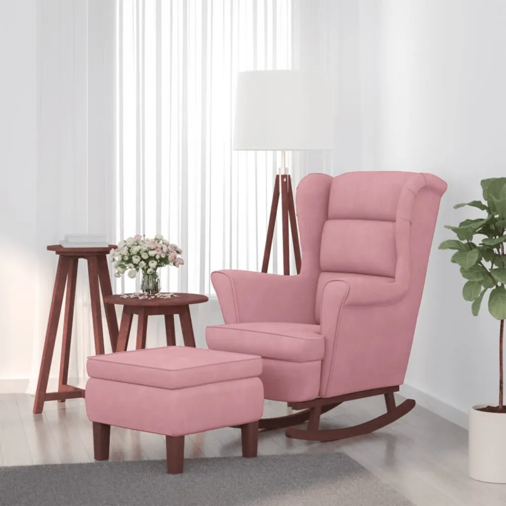 Poltrona Dondolo con Gambe Legno e Poggiapiedi Rosa Velluto