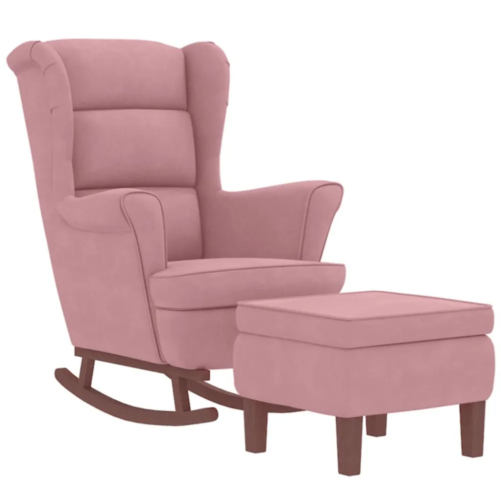 Poltrona Dondolo con Gambe Legno e Poggiapiedi Rosa Velluto
