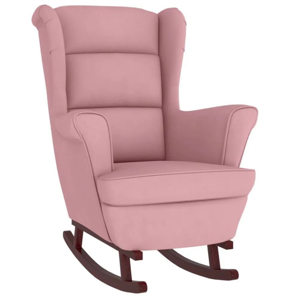 Poltrona Dondolo con Gambe Legno e Poggiapiedi Rosa Velluto