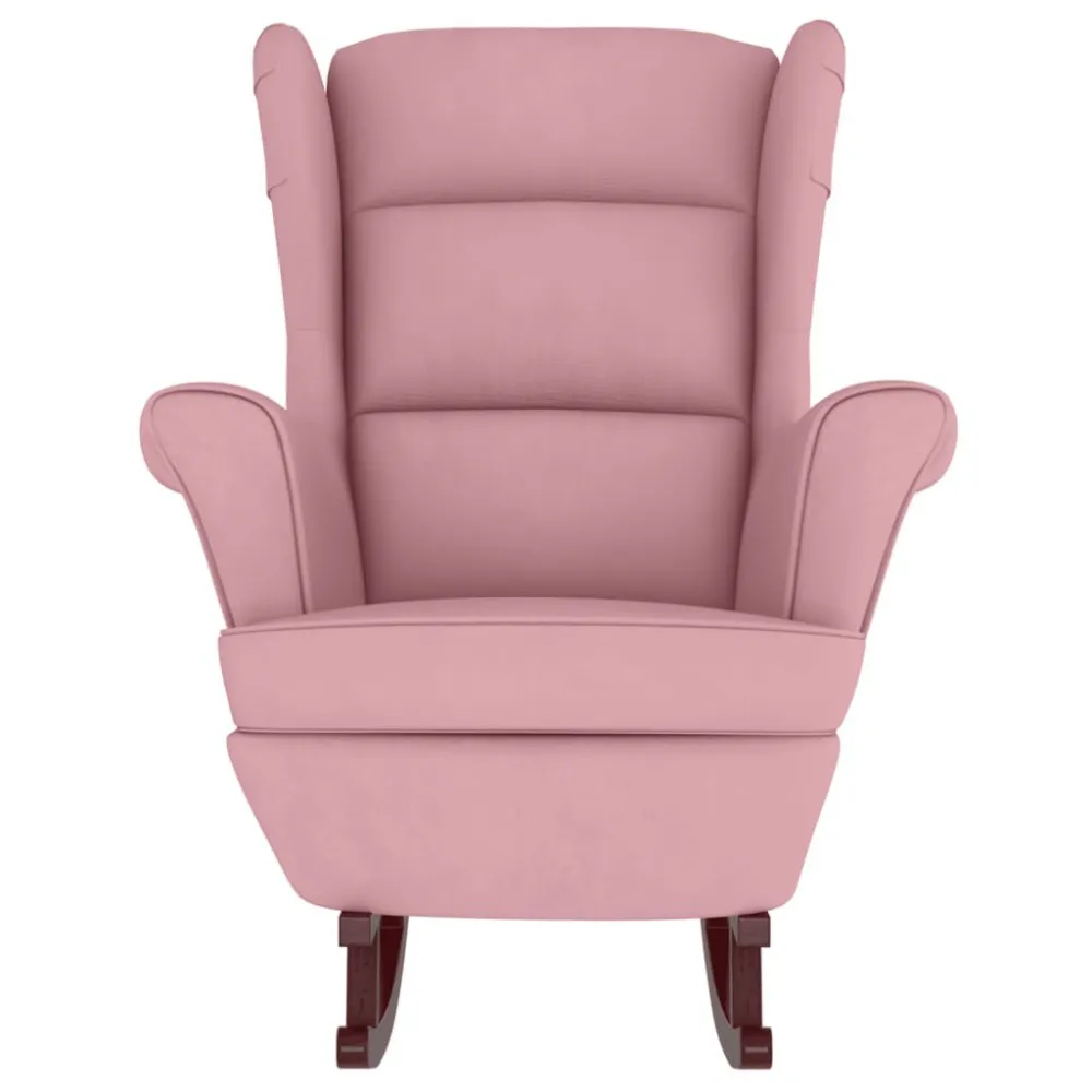 Poltrona Dondolo con Gambe Legno e Poggiapiedi Rosa Velluto
