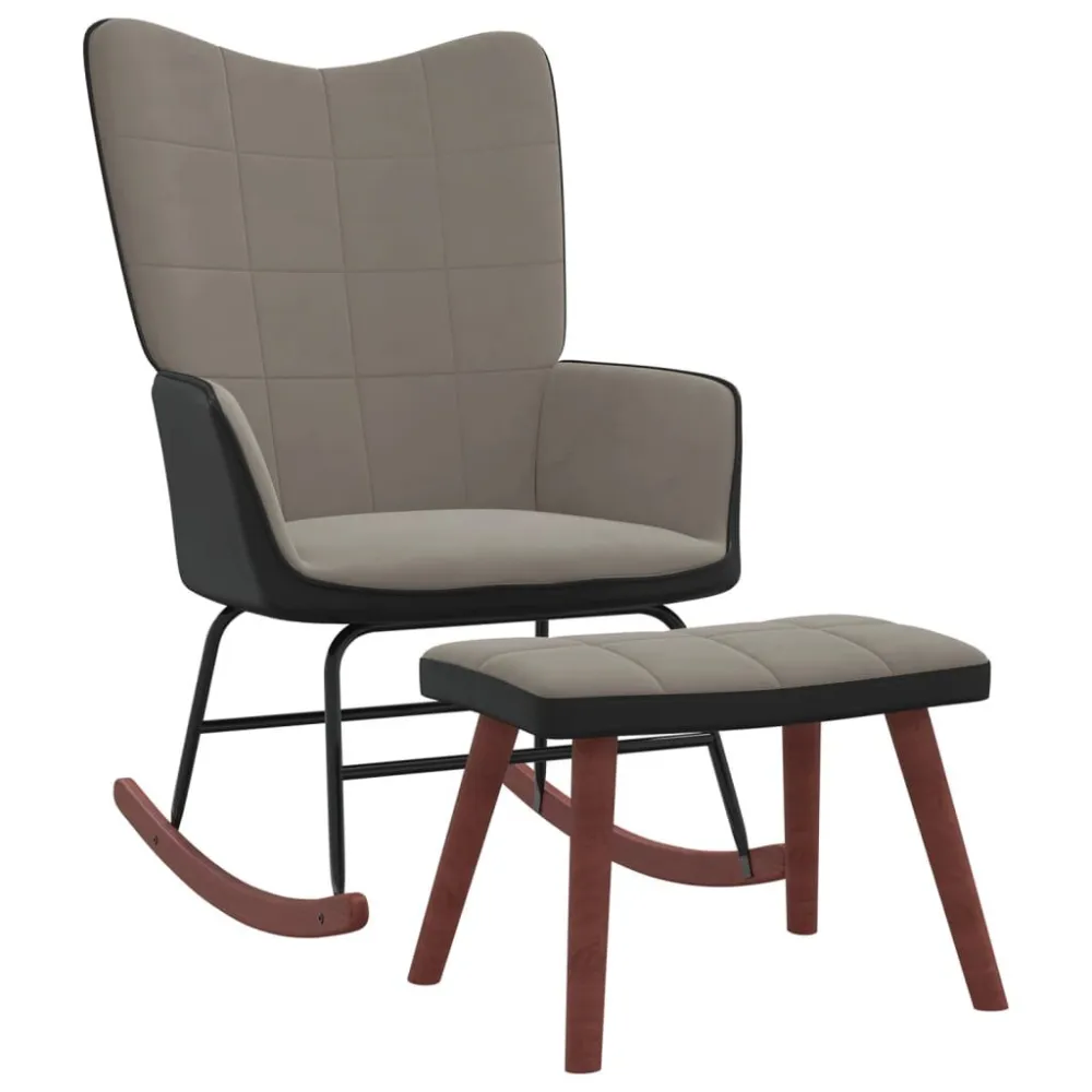 Poltrona Dondolo con Poggiapiedi Grigio Chiaro Velluto e PVC