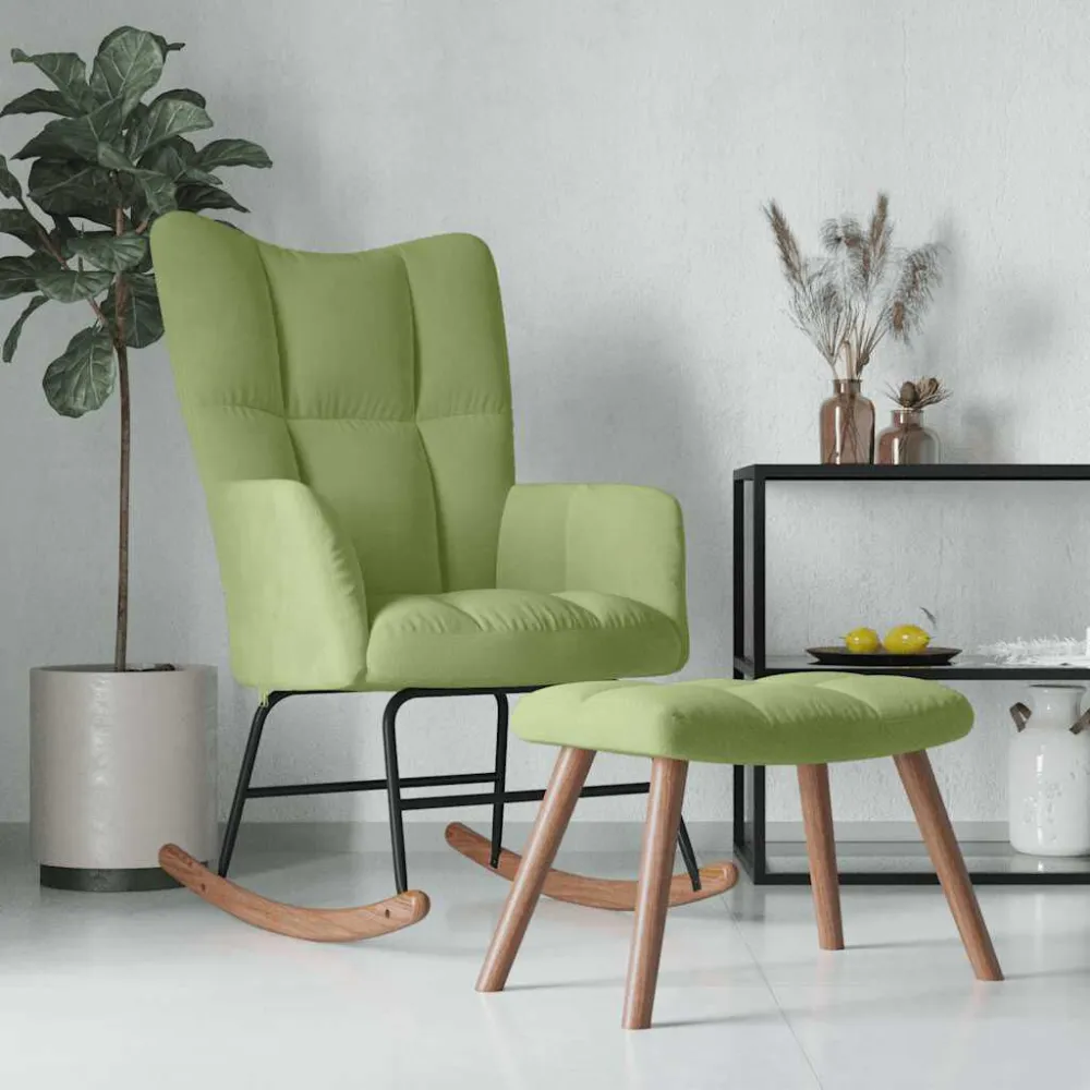 Poltrona Dondolo con Poggiapiedi Verde Chiaro Velluto