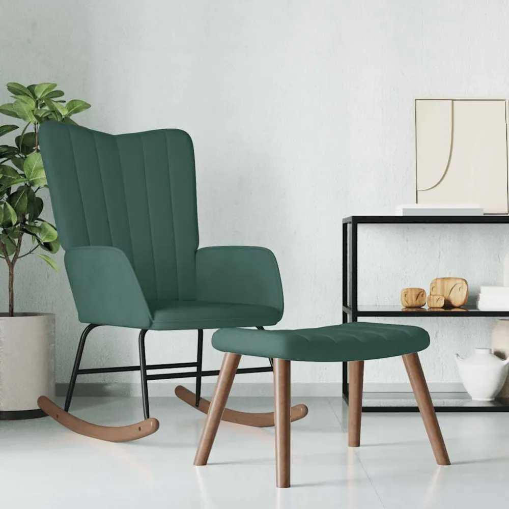 Poltrona Dondolo con Poggiapiedi Verde Scuro Velluto