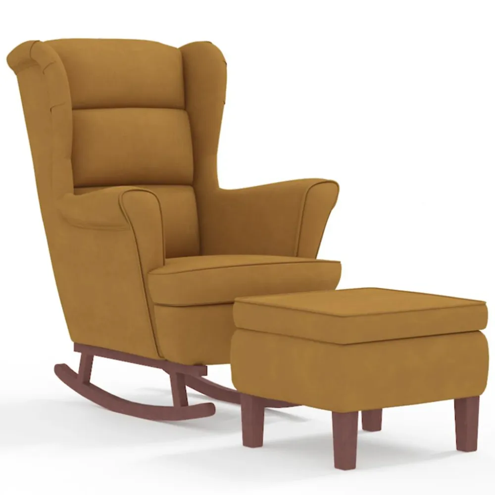 Poltrona Dondolo Gambe Legno e Poggiapiedi Marrone Velluto
