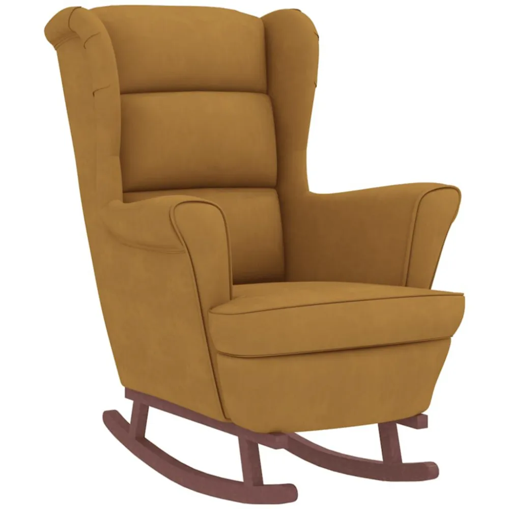 Poltrona Dondolo Gambe Legno e Poggiapiedi Marrone Velluto