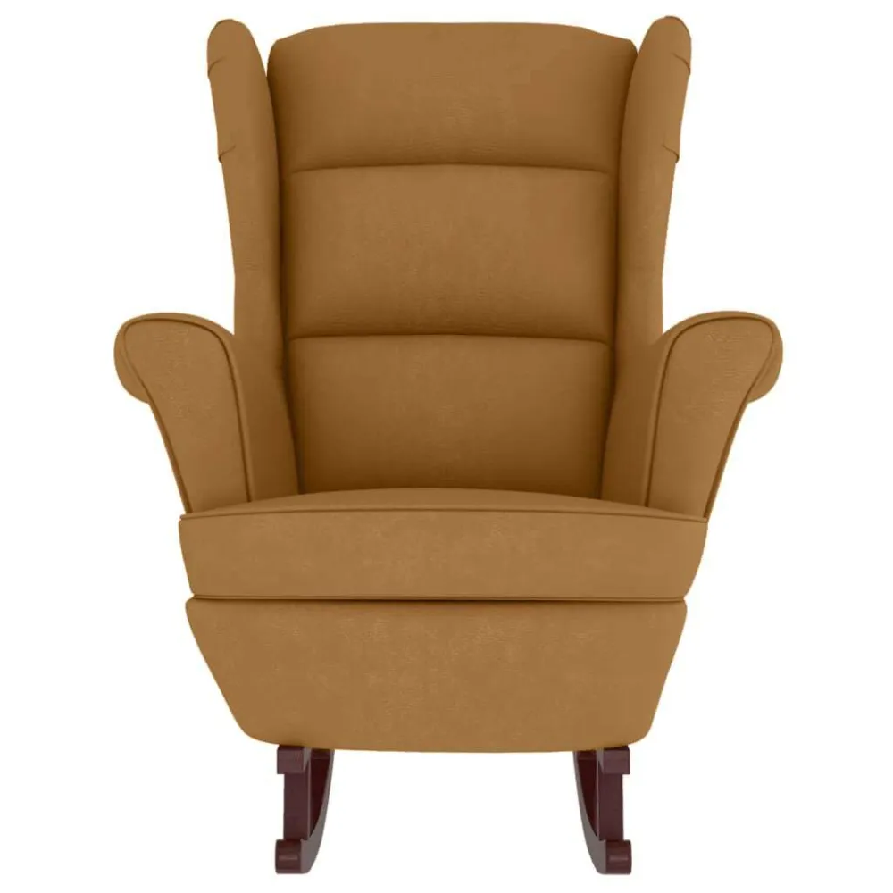Poltrona Dondolo Gambe Legno e Poggiapiedi Marrone Velluto