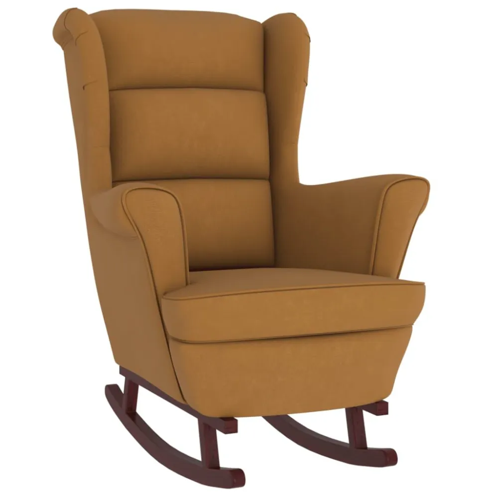 Sedia Dondolo con Gambe Massello di Hevea Marrone Velluto