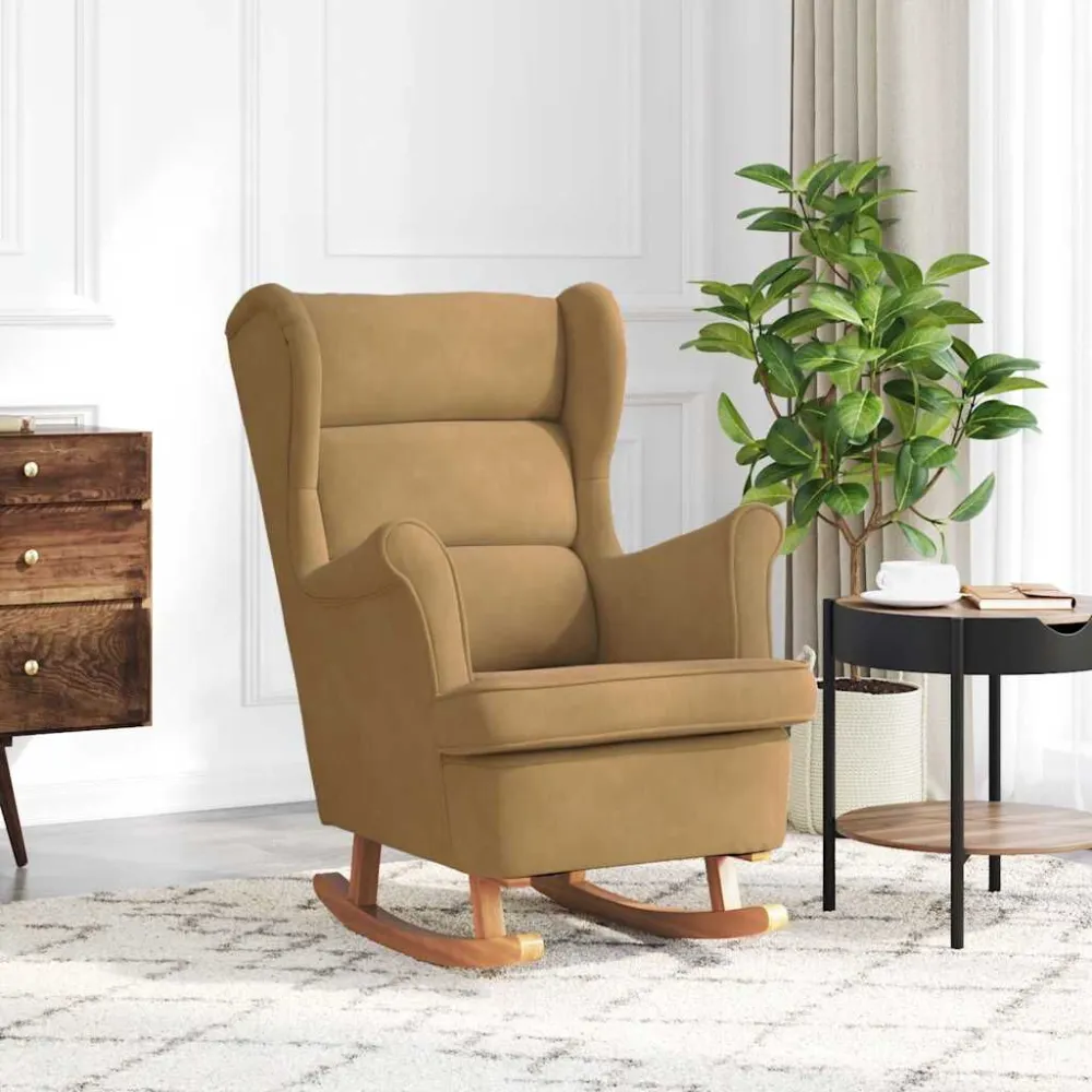 Sedia Dondolo con Gambe Massello di Hevea Marrone Velluto