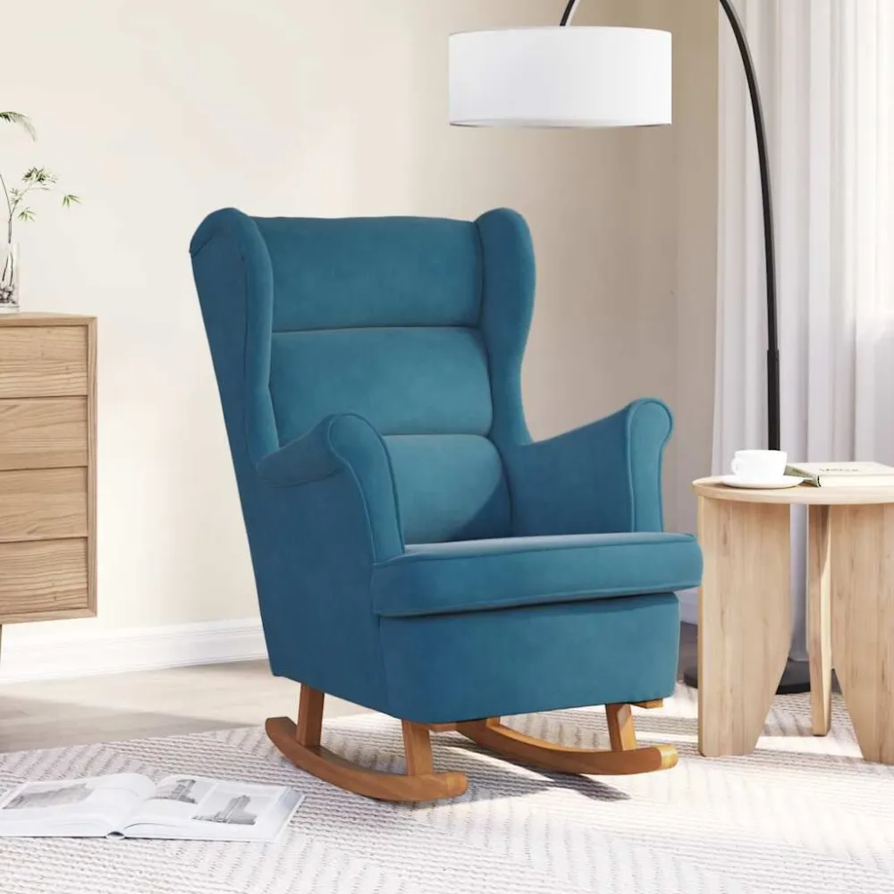 Sedia Dondolo con Gambe Massello di Hevea Blu Velluto