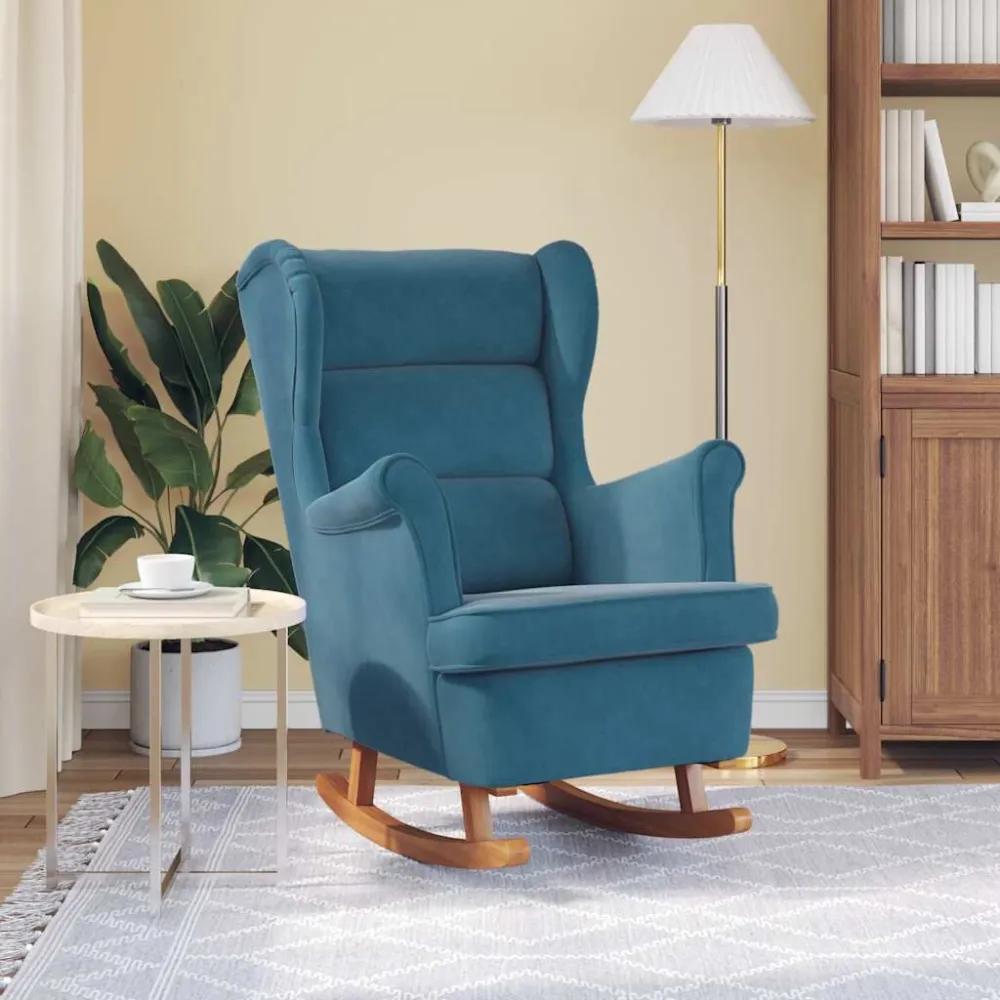 Sedia Dondolo con Gambe Massello di Hevea Blu Velluto
