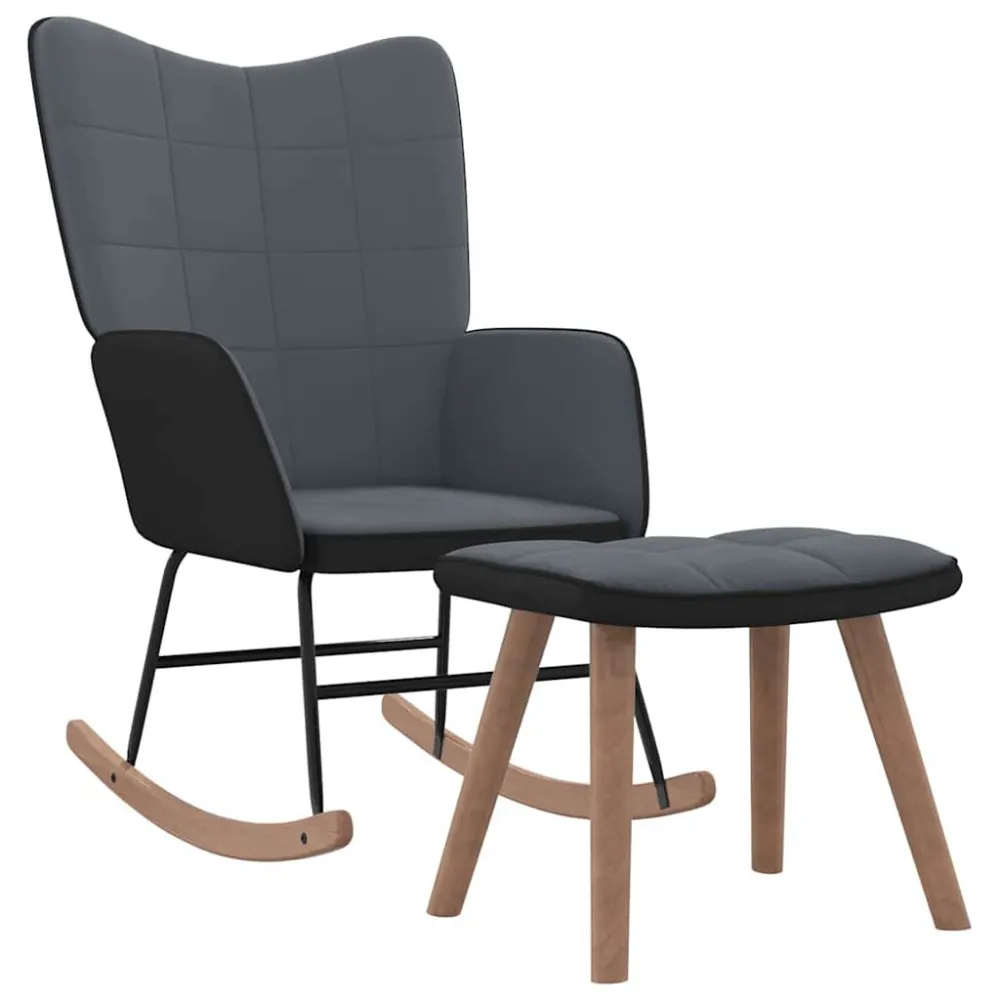 Sedia Dondolo con Poggiapiedi Grigio Scuro Velluto e PVC