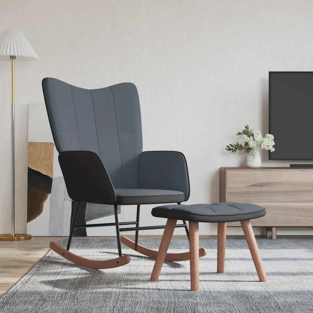 Sedia Dondolo con Poggiapiedi Grigio Scuro Velluto e PVC