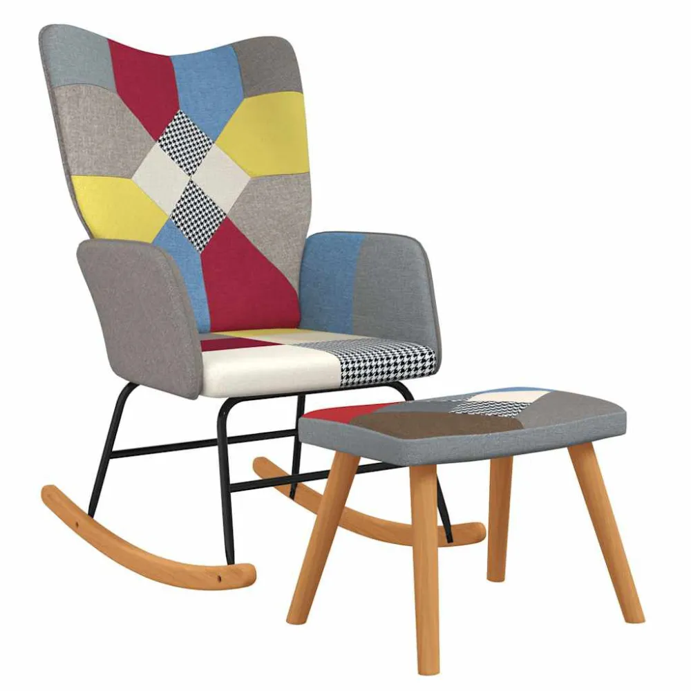 Sedia Dondolo con Poggiapiedi Tessuto Patchwork