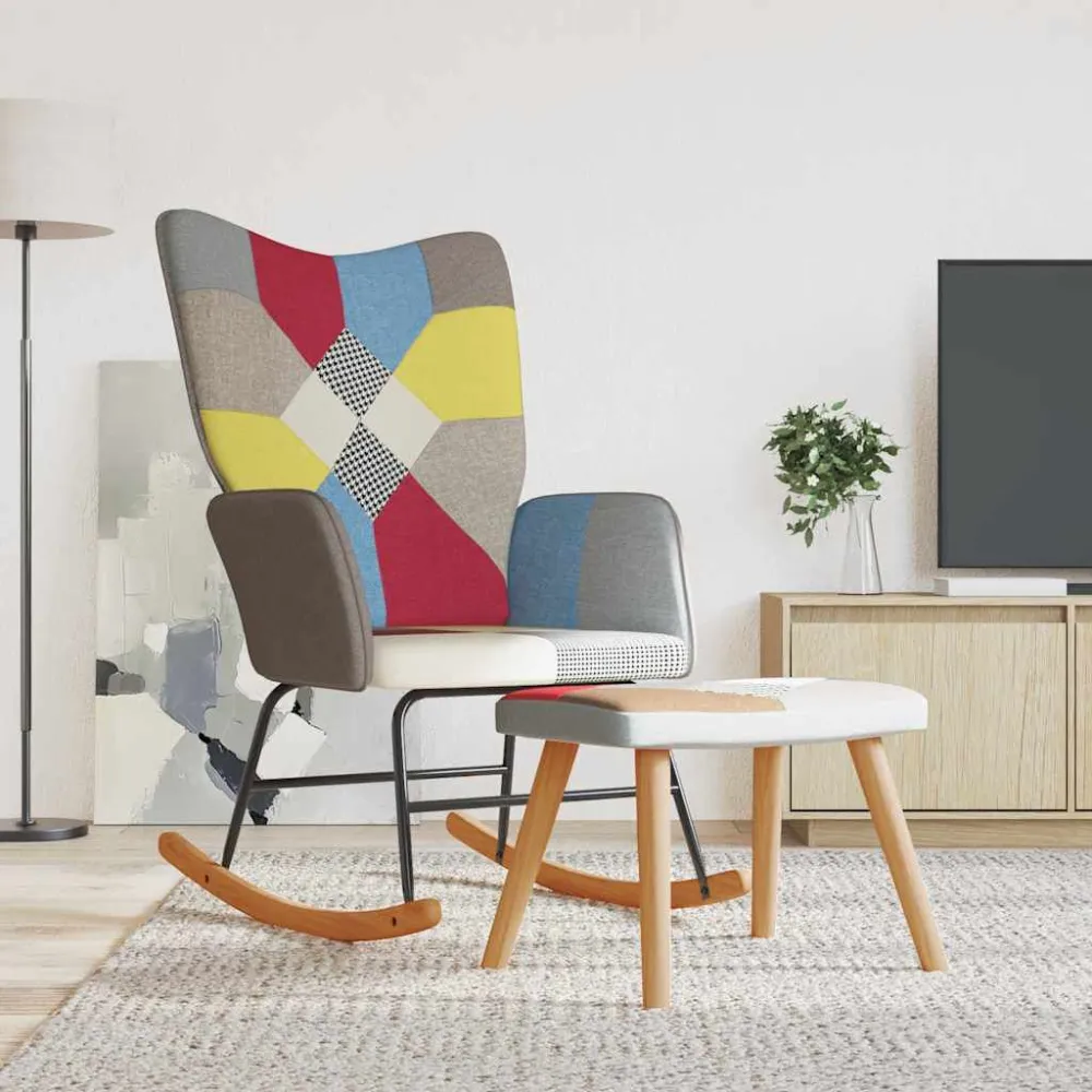 Sedia Dondolo con Poggiapiedi Tessuto Patchwork