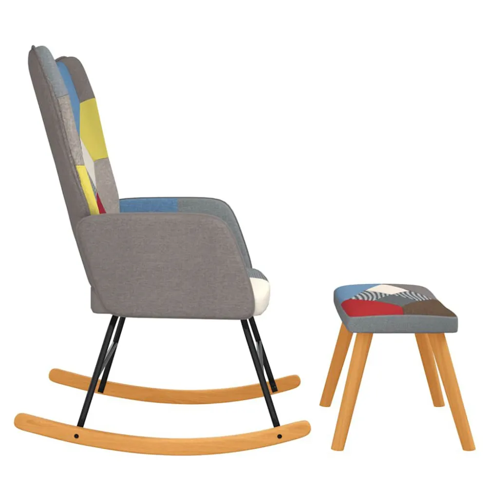 Sedia Dondolo con Poggiapiedi Tessuto Patchwork
