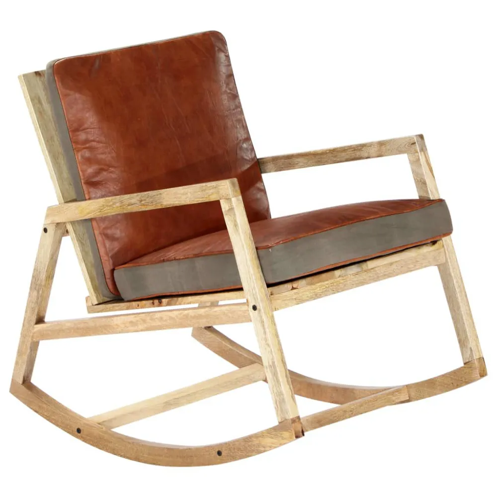 Sedia Dondolo Marrone Vera Pelle e Legno Massello di Mango