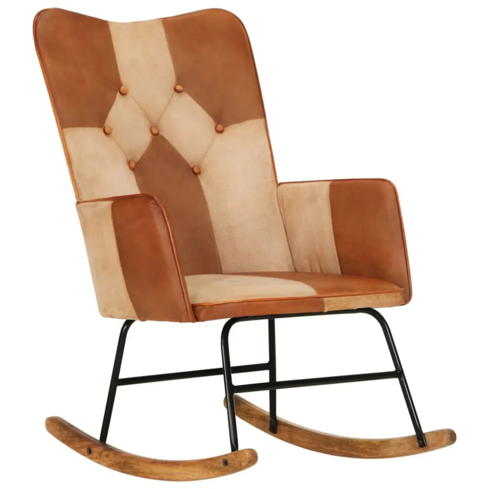 Sedia Dondolo Marrone Vera Pelle e Tela