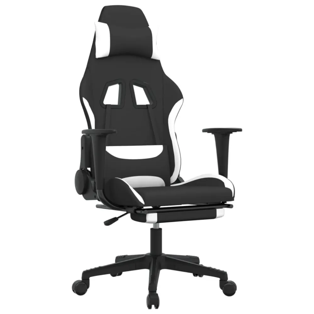 Sedia da Gaming con Poggiapiedi Nero e Bianco Tessuto