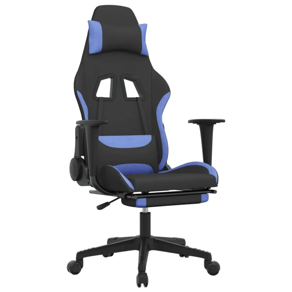 Sedia da Gaming con Poggiapiedi Nero e Blu Tessuto