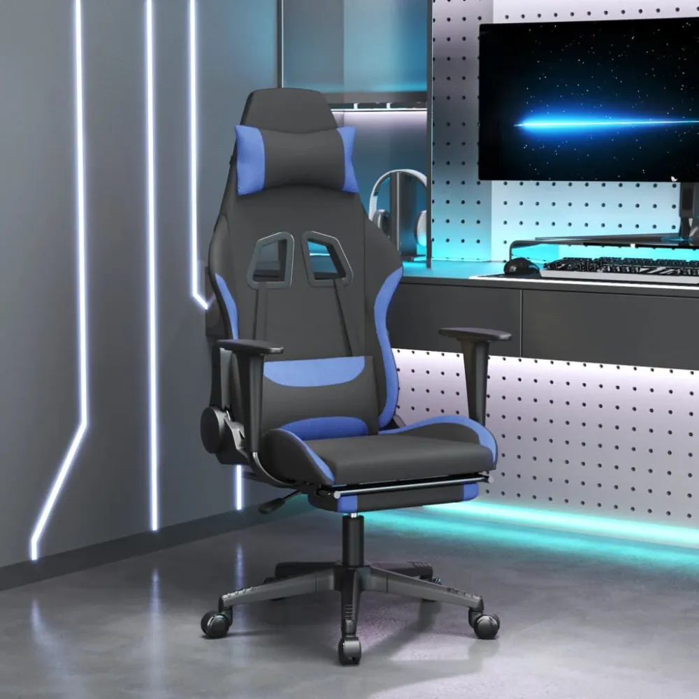 Sedia da Gaming con Poggiapiedi Nero e Blu Tessuto