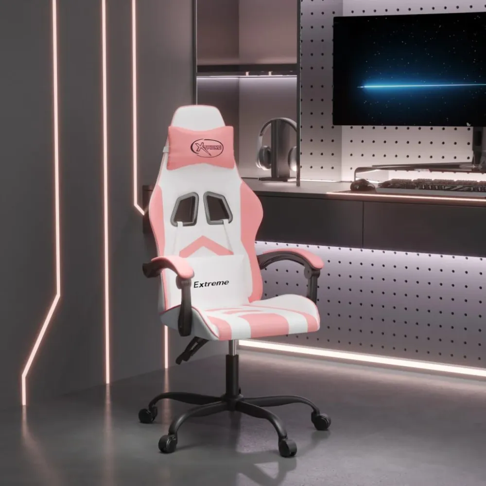 Sedia da Gaming Girevole Bianco e Rosa Similpelle