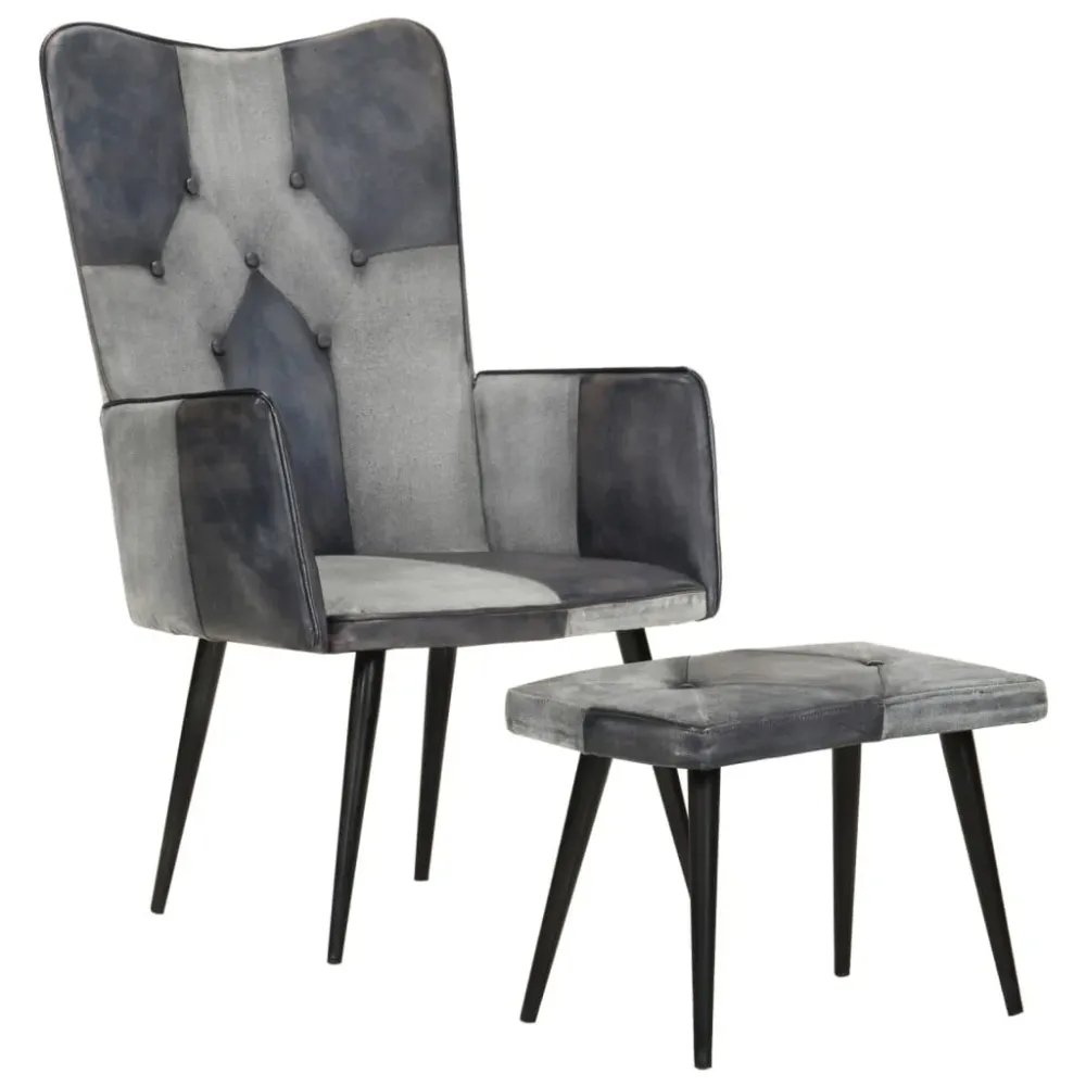 Poltrona con Poggiapiedi Grigio Vera Pelle e Tela
