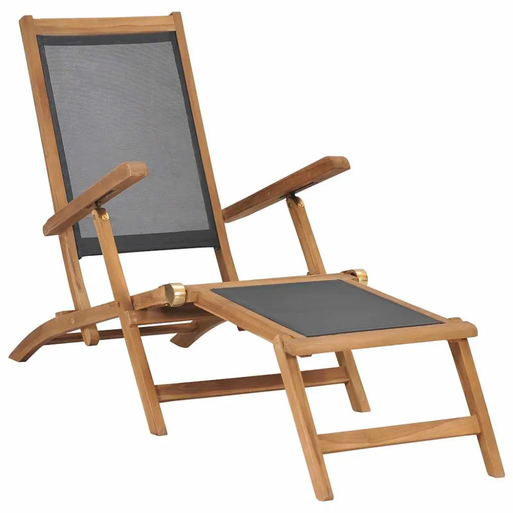 Sedia Sdraio con Poggiapiedi Legno Massello di Teak Nera