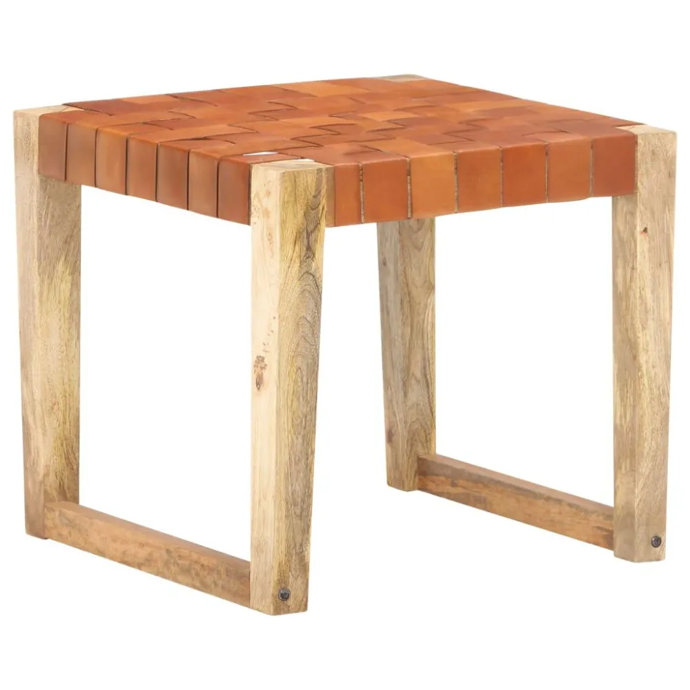 Sgabello Marrone Chiaro Vera Pelle e Legno Massello di Mango