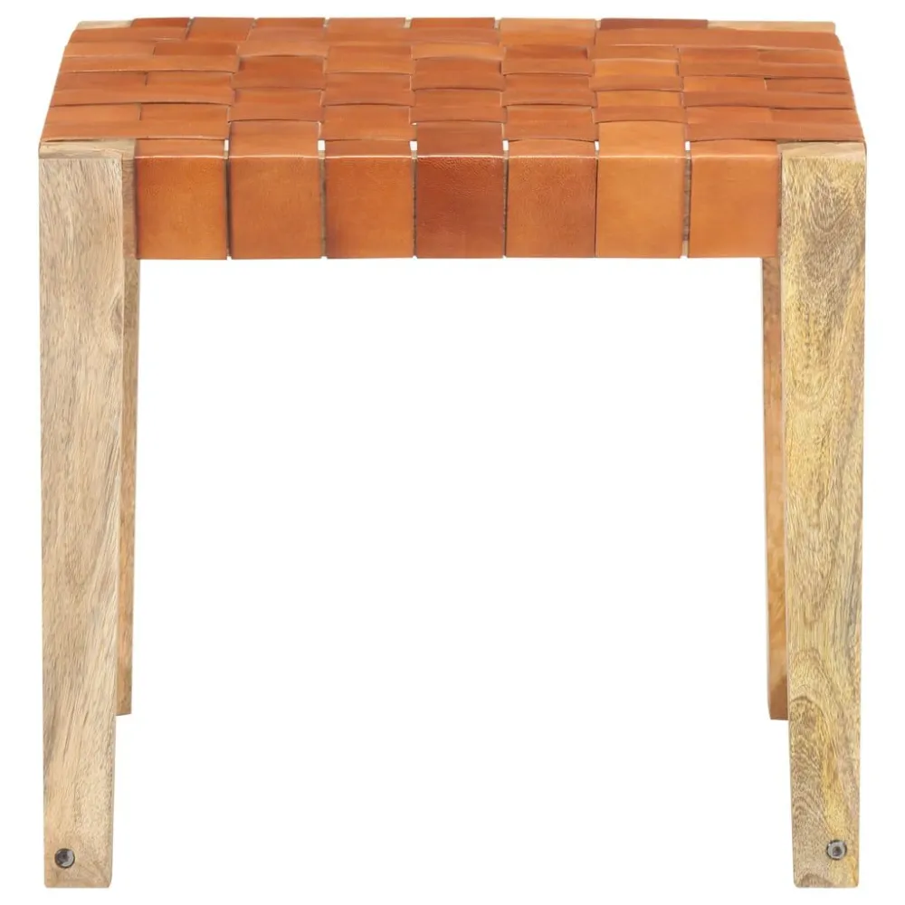 Sgabello Marrone Chiaro Vera Pelle e Legno Massello di Mango