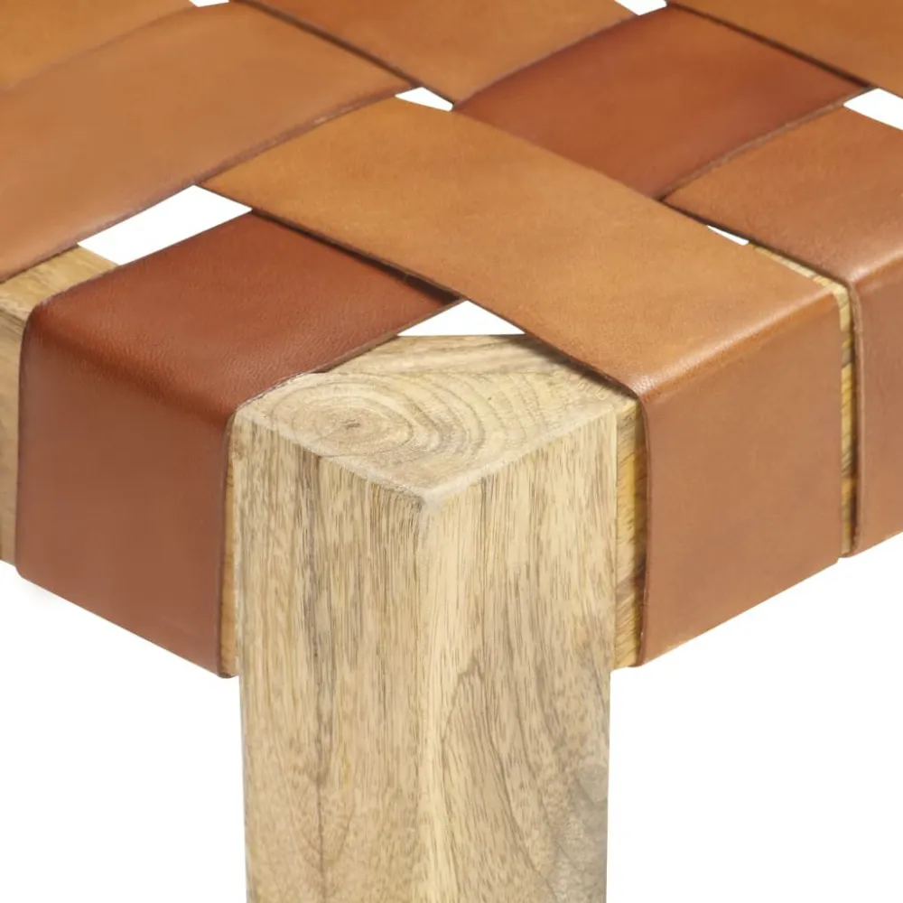 Sgabello Marrone Chiaro Vera Pelle e Legno Massello di Mango