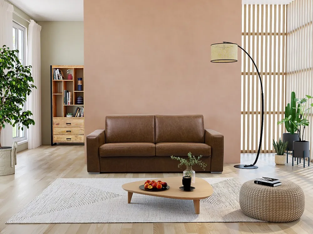 Divano letto 3 posti ribalta Materasso 18cm 100%Pelle bufalo Caramello Classico DELECTEA II